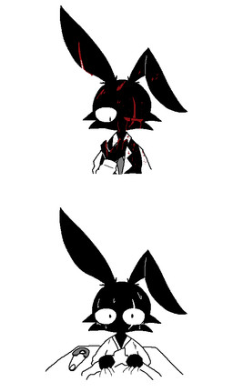 accessory anthro big_ears biped black_body black_fur blood bodily_fluids cheek_tuft clothing facial_tuft fingers fur looking_down male necktie one_eye_closed pajamas scar simple_background solo sweat topwear tuft under_covers white_background sabgong vincent_(sabgong) lagomorph leporid mammal rabbit