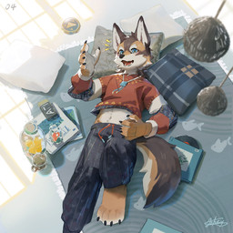 5_fingers anthro asian_clothing blue_eyes claws clothed clothing clothing_lift finger_claws fingers fluffy fluffy_tail fur illuminated kemono lattice lying lying_on_ground male multicolored_body multicolored_fur navel on_ground open_mouth pillow pointy_ears shirt shirt_lift solo tail topwear vinyl_record window_light lokey canid mammal 1:1 absurd_res digital_media_(artwork) hi_res signature