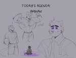 anthro big_muscles bottomwear clothed clothed_male clothing flexing hand_in_pocket male muscular muscular_anthro muscular_male pants pockets purple_sclera shirt sitting smile solo topless topless_anthro topless_male topwear melaisen amihan_(melaisen) canid canine mammal absurd_res hi_res partially_colored sketch sketch_page