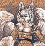 anthro asian_clothing breasts cleavage clothed clothing east_asian_clothing female hair japanese_clothing kimono machine multi_tail solo tail white_hair cadmiumtea canid canine fox mammal robot traditional_media_(artwork)