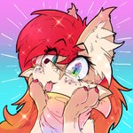 blep claws eyelashes female fluffy_ears freckles hair heterochromia looking_at_viewer red_claws red_hair scarf solo tongue tongue_out pawoo valerie_(pawoo) canid canine fox mammal 2025 digital_media_(artwork) hi_res reaction_image