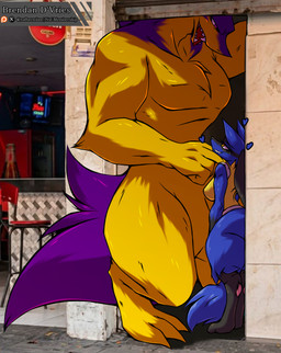 anthro big_breasts blue_body blue_fur blush breasts duo female flirting flirting_look fur larger_male male male/female open_mouth purple_body purple_fur seductive simple_background size_difference smaller_female tail thick_thighs tongue yellow_body yellow_fur brennan_d_vries a_chance_encounter nintendo pokemon ekizzo generation_2_pokemon generation_4_pokemon humanoid lucario mammal pokemon_(species) typhlosion 2026 digital_media_(artwork) hi_res meme