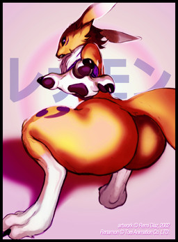 3_fingers anthro big_butt butt cheek_tuft chest_tuft crouching digitigrade facial_tuft female fingers fur gloves_(marking) gradient_background looking_at_viewer looking_back looking_back_at_viewer markings nude simple_background solo surprised tail text tuft wide_hips yellow_body yellow_fur mathc0re bandai_namco digimon digimon_(species) renamon 2025 digital_media_(artwork) hi_res japanese_text