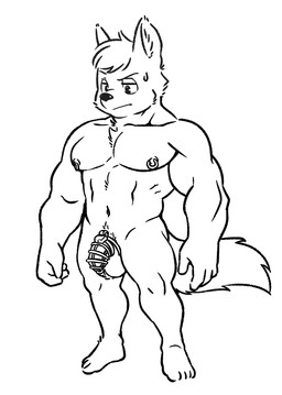 anthro balls biped chastity_cage chastity_device chastity_piercing eyebrows fur genital_piercing genitals lock male muscular muscular_anthro muscular_male muscular_sub navel nipple_piercing nipples padlock pecs penis penis_piercing piercing prince_albert_piercing solo submissive tail white_body white_fur witherrose1 canid canine mammal hi_res monochrome