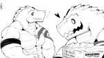 16:9 aliensymbol alligator alligatorid amazon anthro armband crocodilian english_text excited happy jewelry male monochrome muscular muscular_anthro muscular_male necklace package reptile scalie solo tattoo text widescreen