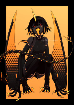 black_body black_clothing black_leotard black_sclera black_teeth black_wings bottomwear breasts claws clothing dragon_tail female geometric hexagon hexagonal_grid humanoid_pointy_ears legwear leotard looking_at_viewer machine markings open_mouth pointy_ears red_eyes sharp_teeth shorts simple_background solo teeth thigh_highs tongue tongue_out wings yellow_background yellow_mouth yellow_tongue yellow_wings toipokun_oyashi mythology animal_humanoid dragon dragon_humanoid humanoid mythological_creature mythological_scalie robot robot_humanoid scalie absurd_res hi_res