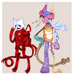 3_toes ambiguous_gender anthro bell bell_collar bodily_fluids clothing collar crying duo feathers feet female furrowed_eyebrows green_body green_eyes green_feathers hair hat headgear headwear no_fur one_wing party_hat purple_hair red_ribbon red_tail rope simple_background slinky standing tail tears toes white_sclera yellow_sclera ruby_thursda7 glitch_productions the_amazing_digital_circus gangle_(tadc) zooble_(tadc) felid feline mammal hi_res nonbinary_(lore)