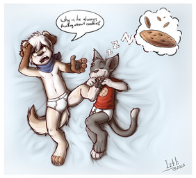 anthro barefoot border briefs bulge clothed clothing cookie duo feet food foot_fetish foot_lick foot_play licking lying male open_mouth shota sleeping text tighty_whities toes tongue tongue_out topless topless_male underwear white_border white_briefs white_clothing white_underwear young young_anthro young_male iztli canid canine canis domestic_cat domestic_dog felid feline felis mammal 2015 english_text hi_res signature
