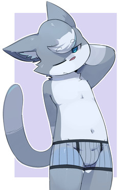 anthro bent_arm biped black_seam_boxer_briefs black_seam_underwear blue_boxer_briefs blue_clothing blue_eyes blue_pupils blue_underwear border boxer_briefs boxer_briefs_only bulge cheek_tuft chest_tuft clothed clothed_anthro clothed_male clothing colored_seam_boxer_briefs colored_seam_underwear countershade_face countershade_fur countershade_legs countershade_neck countershade_thighs countershade_torso countershading dipstick_tail eyebrow_through_hair eyebrows facial_tuft front_view fur fur_markings fur_tuft gloves_(marking) grey_body grey_ears grey_fur grey_hair grey_inner_ear grey_tail grey_tuft hair hand_behind_head highlights_(coloring) inner_ear_fluff iris legs_together long_tail looking_at_viewer male male_anthro markings monotone_background mouth_closed multicolored_body multicolored_fur navel one_eye_closed outside_border pattern_boxer_briefs pattern_clothing pattern_underwear pink_nose pose pupils purple_background short_hair simple_background slim slim_anthro slim_male standing straight_arm striped_boxer_briefs striped_clothing striped_underwear stripes tail tail_markings topless topless_anthro topless_male translucent translucent_hair tuft two_tone_body two_tone_fur underwear underwear_only white_body white_border white_countershading white_eyebrows white_fur white_highlights white_inner_ear_fluff white_markings white_sclera white_tail_tip white_tuft smite_(artist) llun_(smite) felid feline mammal hi_res pinup portrait shaded three-quarter_portrait
