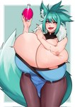 bare_shoulders big_breasts big_tail blue_clothing breasts bulging_breasts cleavage clothed clothing fangs female fur green_background green_body green_fur hair holding_object holding_potion huge_breasts inner_ear_fluff legwear long_hair open_mouth pantyhose pink_eyes potion simple_background solo standing tail teeth thick_thighs torn_clothing tuft wide_hips strongmoist animal_humanoid canid canid_humanoid canine canine_humanoid fox_humanoid humanoid mammal mammal_humanoid hi_res