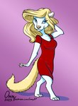 anthro blonde_hair blue_eyes clothing dress eyeshadow female hair makeup red_clothing red_dress solo tail white_body yellow_tail omny87 animaniacs warner_brothers minerva_mink mammal mink mustelid musteline true_musteline hi_res