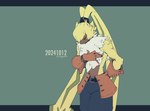 anthro belt bottomwear bowing clothed clothing fluffy_chest fur gloves handwear long_ears male pants ponytail_ears solo topless topless_anthro yellow_body yellow_fur type_ckw bandai_namco digimon digimon_ghost_game digimon_(species) lagomorph leporid mammal rabbit symbareangoramon hi_res