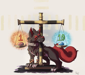 balance_scale black_body black_fur collar dice facial_markings feral fur head_markings holy_ring male markings orange_eyes paws quadruped red_body red_fur red_nose solo tail wristband rdy zgf_art bandai_namco digimon asher_(razim) digimon_(species) labramon 2025 absurd_res hi_res huge_filesize