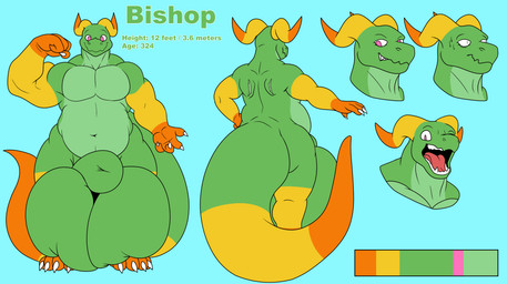 aaaaa animal_genitalia anthro balls big_balls big_muscles big_pecs big_sheath big_tail bodily_fluids flexing genitals horn huge_balls huge_sheath huge_tail hyper hyper_balls hyper_genitalia hyper_sheath male musclegut muscular muscular_anthro muscular_male nervous nervous_sweat pecs scar sheath smile smirk sweat tail text omegadragon11_(artist) mythology bishop_(mngoez) dragon mythological_creature mythological_scalie scalie absurd_res english_text hi_res model_sheet
