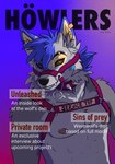 anthro harness magazine male service_top solo suggestive text kinae_(artist) kinae canid canine canis mammal wolf english_text hi_res