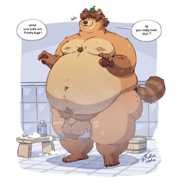 ambiguous_gender anthro ball_fondling balls basin bathroom belly big_balls big_balls_small_penis big_belly bodily_fluids body_hair brown_body brown_fur brown_hair chest_tuft claws countershade_face countershade_torso countershading dialogue disembodied_hand disproportionate_genitalia double_chin duo eye_through_hair eyebrow_through_hair eyebrows fangs finger_claws fondling foreskin fupa fur furniture genitals hair half-closed_eyes happy_trail huge_balls huge_thighs larger_but_small leaf leaf_on_head male male/ambiguous markings moobs narrowed_eyes nipples nude offscreen_character overweight overweight_anthro overweight_male partially_retracted_foreskin pawpads penis pubes scrotum_flap shampoo small_penis speech_bubble standing stool striped_markings striped_tail stripes sweat sweatdrop tail tail_markings tan_body tan_fur tanuki_leaf teeth text thick_thighs toe_claws translucent translucent_hair tuft ruffus_woofus canid canine mammal raccoon_dog tanuki absurd_res english_text hi_res