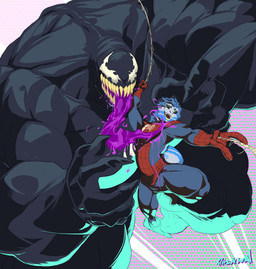 5_fingers 6_eyes abstract_background anthro athletic athletic_anthro athletic_male biped black_body black_sclera blue_clothing blue_eyebrows blue_hair bodily_fluids bodysuit clothed clothing colored_saliva duo eyebrows fingers green_eyes hair looking_at_another looking_at_partner male multi_eye muscular muscular_anthro muscular_male no_pupils plantigrade pupils purple_saliva purple_tongue red_clothing saliva sharp_teeth simple_background size_difference skinsuit slit_pupils smile spider_web superhero superhero_costume teeth text tight_clothing tongue unusual_bodily_fluids unusual_saliva venom villainous white_eyes ritsukaxan marvel spider-man_(series) spider-man_(character) venom_(marvel) arachnid arthropod spider symbiote 2024 absurd_res alternate_version_at_source artist_name colored digital_drawing_(artwork) digital_media_(artwork) english_text hi_res signature