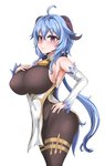 bell bell_collar big_breasts blue_hair breasts collar female hair hand_on_hip horn huge_breasts looking_at_viewer not_furry simple_background smile solo thick_thighs white_background kim_wang_jyang genshin_impact mihoyo ganyu_(genshin_impact) horned_humanoid humanoid 2021 absurd_res hi_res