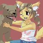 1:1 5_fingers anthro banjies black_eyes black_nose blush bottomwear brown_hair canid canine canis cel_shading clothed clothing daww denim denim_clothing digital_media_(artwork) domestic_dog duo female feral fingers flat_chested fur hair inner_ear_fluff low_res male mammal nude oekaki one_eye_closed ponytail quadruped raised_tail shaded shirt shorts simple_background sitting smile spaghetti_strap tail tan_body tan_fur tank_top tongue tongue_out topwear tuft white_body white_fur wink young young_anthro young_female