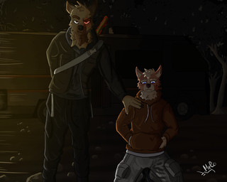 4_fingers anthro claws clothed clothing duo fingers fur male male/male melioo canid canine canis domestic_dog fox mammal 5:4