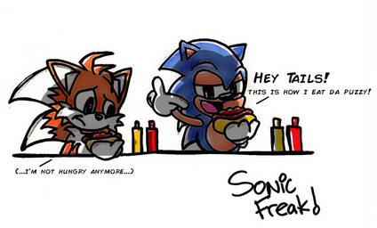 anthro blue_body blue_fur chili_dog dialogue duo eating food fur hot_dog humor joke male side_mouth simple_background text sonicfreak sega sonic_the_hedgehog_(series) miles_prower sonic_the_hedgehog canid canine eulipotyphlan fox hedgehog mammal english_text source_request