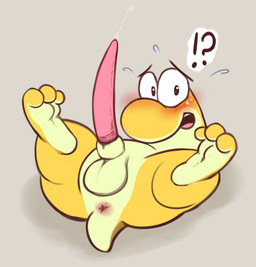 3_toes anthro anus balls blush butt feet floating_eyebrows genitals lying male mascot on_back penis scut_tail short_tail solo spread_legs spreading tail tail_anus tapering_penis toes emenius nerds nerd_(species)