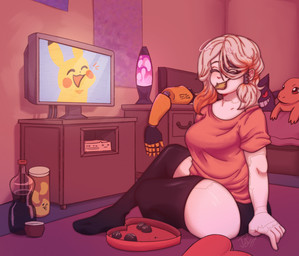bed bedroom beverage_bottle bottle box_of_chocolates candy chocolate clothing container dessert electronics eyes_closed female food furniture hair humanoid_hands lamp lava_lamp legwear long_hair machine plushie prosthetic prosthetic_arm prosthetic_limb shirt sitting sitting_on_ground soda_bottle solo t-shirt television thigh_highs topwear white_body jest56 nintendo pokemon generation_1_pokemon humanoid pikachu pokemon_(species) robot robot_humanoid 2026 digital_drawing_(artwork) digital_media_(artwork) english_description hi_res