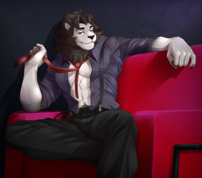 5_fingers abs anthro athletic biped black_bottomwear black_claws black_clothing black_eyebrows black_eyes black_mane black_nose black_pants body_hair bottomwear button_(fastener) claws closed_smile clothing clothing_pull dark_body dark_fur eyebrows finger_claws fingers fur furniture happy_trail humanoid_hands inner_ear_fluff looking_at_viewer male mane mouth_closed navel necktie necktie_pull on_sofa pants pawpads pecs purple_dress_shirt purple_suspenders red_necktie red_sofa shirt simple_background sitting sitting_on_sofa smile sofa solo suspenders tight_clothing tight_shirt tight_topwear topwear tuft unbuttoned_shirt whiskers white_body white_fur purtropos orion_(aluminemsiren) felid lion mammal pantherine 2023 digital_media_(artwork) hi_res signature
