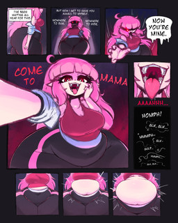 bedroom_eyes belly belly_expansion big_belly big_breasts bottom_heavy breasts clothing dialogue expansion fangs female hair huge_thighs hyper hyper_thighs long_hair looking_at_viewer narrowed_eyes not_furry open_mouth open_smile oral_vore pink_hair red_eyes same_size_vore seductive smile smiling_at_viewer solo speech_bubble teeth text thick_thighs tongue tongue_out uvula vore wide_hips mysterydad elise_(mysterydad) humanoid vampire 4:5 comic english_text hi_res