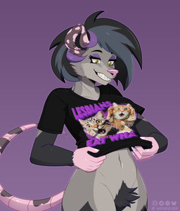 anthro big_pubes bottomless breasts clothed clothing eyelashes eyeshadow female long_eyelashes makeup navel pubes purple_eyeshadow sharp_teeth shirt smile solo teeth topwear hainequem meme_clothing notde_(character) american_opossum mammal marsupial virginia_opossum absurd_res hi_res meme