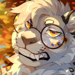 ambiguous_anthro ambiguous_gender anthro bared_teeth black_lips brown_nose eyewear fangs fur glasses glistening glistening_eyes grey_markings hair lips looking_at_viewer markings narrowed_eyes orange_eyes round_glasses short_hair solo teeth whiskers white_body white_fur white_hair yellow_markings corzh77 felid mammal 1:1 hi_res