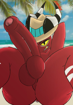 balls beach big_penis butt clothing erection eye_scar facial_scar genitals hair hat headgear headwear horn horn_markings huge_penis leg_scar looking_at_viewer male markings nude penis scar scars_all_over simple_background solo tail thigh_scar banksauce hellaverse helluva_boss crimson_(helluva_boss) demon humanoid imp huge digital_media_(artwork) hi_res