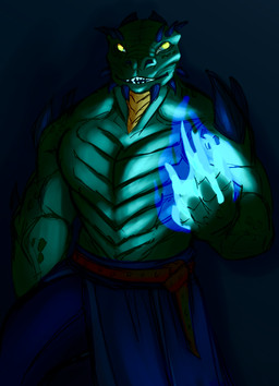 anthro belt bottomwear clothed clothing glowing glowing_eyes green_body green_eyes green_scales magic male muscular muscular_anthro muscular_male pants partially_clothed scales solo spell standing tinybuggyart microsoft the_elder_scrolls argonian scalie absurd_res hi_res