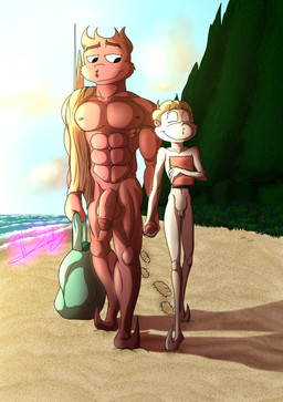 abs anthro bag beach beach_background beach_bag biceps big_penis book chest_tuft cloud detailed_background duo exhibitionism femboy flaccid footprint forearms foreskin fur genitals hand_holding happy lights male male/male muscular muscular_anthro muscular_male not_furry nude nude_male outside pecs penis public public_exposure public_nudity red_body red_fur sand size_difference skinny small_penis smile sunny tuft umbrella walking walking_together water white_body white_fur dracul_la dr._seuss green_eggs_and_ham green_eggs_and_ham_(animated_series) bree_(dracul_la) zeke_(dracul_la) humanoid who_(species) absurd_res hi_res