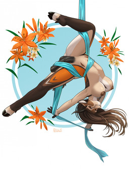acrobatics aerial_silk animal_genitalia animal_penis anthro balls black_balls black_penis breasts brown_hair brown_nipples equine_genitalia equine_penis genitals gynomorph hair hooves horn intersex lilies long_hair looking_at_viewer multicolored_body multicolored_hair nipples nude orange_eyes penis smile solo two_tone_hair upside_down pewas antelope bovid gazelle mammal hi_res