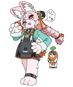 3_toes anthro apron barefoot big_ears buckteeth claws clothing dress duo ear_piercing eyelashes feet female finger_claws hair hand_on_hip male nails paws piercing pink_body pink_hair raised_arm red_eyes sharp_nails shortstack smile solo_focus teeth text toes upper_teeth white_body young young_anthro young_female ikatan_dayo mihoyo zenless_zone_zero zhao_(zenless_zone_zero) human lagomorph leporid mammal rabbit thiren 2026 digital_drawing_(artwork) digital_media_(artwork) hi_res japanese_text translation_request adult_(lore)