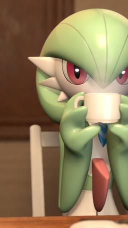 3_fingers ambiguous_gender beverage blurred_background chair chest_spike container cup drinking fingers furniture glistening glistening_eyes green_body green_hair hair hankerchief holding_beverage holding_object hot_beverage looking_at_viewer mug plate pseudo_hair red_eyes sitting solo spikes spikes_(anatomy) table white_body bot1684127 nintendo pokemon gardevoir generation_3_pokemon humanoid pokemon_(species) 2026 3d_(artwork) 9:16 blender_(artwork) digital_media_(artwork) hi_res