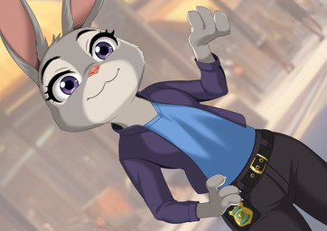 anthro belt bottomwear clothing female fur grey_body grey_fur hand_on_hip jacket multicolored_body multicolored_fur pants police_badge purple_eyes shirt solo topwear two_tone_body two_tone_fur wave_level5 disney zootopia judy_hopps european_rabbit lagomorph leporid mammal oryctolagus rabbit 2026 digital_media_(artwork) hi_res