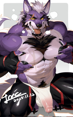 anthro ball_bulge beard bodily_fluids bulge chest_tuft clothing crouching detailed_bulge ear_piercing erection erection_under_clothing eye_scar facial_hair facial_scar fur genital_fluids genital_outline hair looking_at_viewer male muscular muscular_anthro muscular_male nipples pecs penis_outline piercing precum pubes scar solo tongue tongue_out tuft yellow_eyes wball canid canine mammal 2025 hi_res