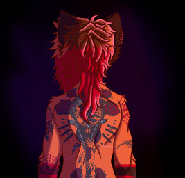 accessory anthro arm_tattoo back_tattoo digitigrade ear_piercing ear_ring female fluffy fur hair piercing ring_piercing simple_background solo tattoo kitsoonie kitsoonie_(character) canid canine canis cervine deer fox hybrid mammal digital_drawing_(artwork) digital_media_(artwork) trans_(lore)