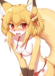 accessory anthro bell bell_accessory bell_bow bikini blonde_hair blush bodily_fluids bow_(feature) bow_accessory bow_ribbon breasts brown_body brown_fur brown_nose cheek_tuft chest_tuft cleavage clothed clothing cute_fangs decorated_bow dipstick_ears dipstick_tail ear_markings facial_tuft fangs female female_anthro flower flower_accessory flower_bow flower_hair_accessory flower_in_hair fluffy fluffy_tail flying_sweatdrops fur gloves_(marking) hair hair_accessory hair_bell hair_bow hair_ribbon inner_ear_fluff jingle_bell kemono leaning leaning_forward looking_at_viewer markings multicolored_ears multicolored_tail open_mouth open_smile plant red_eyes ribbons short_hair simple_background small_breasts smile solo string_bow string_hair_bow sweat sweatdrop swimwear tail tail_markings teeth tongue tuft twin_bows twin_hair_bows two-piece_swimsuit white_background white_body white_fur yellow_body yellow_fur horokusa0519 canid canine fox mammal 2021 digital_media_(artwork) hi_res portrait three-quarter_portrait