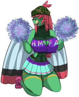 abs anthro athletic beak big_breasts bottomwear breasts camo camo_clothing camo_print cheering cheerleader cheerleader_outfit cheerleading_pose claws cleavage clothed clothing collarbone crop_top eyes_closed feathers feet female huge_breasts jewelry kneeling markings muscular muscular_anthro muscular_female navel necklace nipple_outline panties pattern_clothing pom_poms red_body red_feather_hair red_feathers shirt skimpy_topwear skirt smile solo talons thick_thighs toe_claws toes topwear underwear wings cosmonaut nintendo pokemon zemmy_(cosmonaut) avian generation_2_pokemon pokemon_(species) xatu