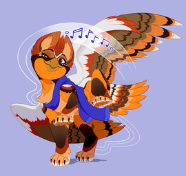 ambiguous_gender beak blue_eyes dancing feathered_wings feathers feline_paws feral fur musical_note musical_symbol orange_body orange_fur paws quadruped scarf simple_background singing solo symbol tail tail_feathers wings winking_at_another kitchiki mythology avisleaena avian gryphon mythological_avian mythological_creature hi_res