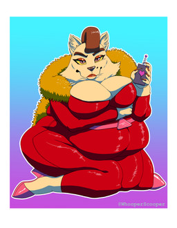 anthro belly big_breasts biped boa_(clothing) border breasts cleavage clothed clothing curvy_figure female footwear high_heels huge_breasts lips lipstick makeup markings mature_anthro mature_female mole_(marking) overweight overweight_female shoes solo tight_clothing voluptuous white_border wide_hips whooperscooper bubsy_(series) ally_cassandra domestic_cat felid feline felis lynx mammal absurd_res hi_res