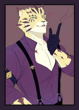 anthro border clothing fur gloves handwear male markings muscular muscular_anthro muscular_male pecs purple_border solo spots spotted_body spotted_fur suspenders yellow_body yellow_fur izm_rm7 lifewonders tokyo_afterschool_summoners ose_(tas) felid leopard mammal pantherine absurd_res hi_res