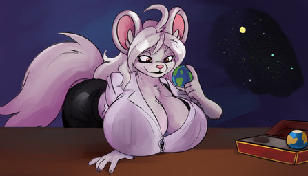 big_breasts big_butt big_tail black_bottomwear black_clothing black_lips black_pants bottomwear bra_through_clothing breasts brown_eyes butt claws clothing collecting eyebrows eyeliner female fluffy fluffy_tail fur grey_body grey_fur grey_hair hair hand_on_table holding_planet huge_breasts lips long_hair macro makeup pants pink_nose planet propped_up raised_eyebrow smile solo space star tail white_dress_shirt white_sclera robomax nintendo pokemon cyria_(abygale) generation_5_pokemon minccino pokemon_(species) 2026 digital_drawing_(artwork) digital_media_(artwork) english_description hi_res