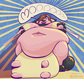 animal_noises anthro belly big_belly big_breasts big_udders bodily_fluids breast_milking breasts female happy huge_belly huge_udders lactating mooing obese overweight solo teats text transformation udders weight_gain dustyerror nintendo pokemon bovid bovine cattle generation_2_pokemon mammal miltank pokemon_(species) absurd_res hi_res trans_(lore) trans_woman_(lore)
