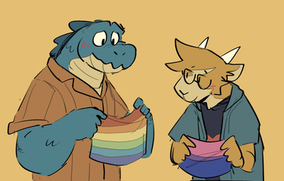 anthro bisexual_pride_colors blue_body blush clothing duo eyewear flag flag_(object) fur glasses holding_flag holding_object horn jacket lgbt_pride male pride_color_flag pride_colors rainbow_pride_colors shirt six-stripe_rainbow_pride_colors topwear doginacafe duncan_and_eddie lgbt_pride_month duncan_(doginacafe) eddie_(doginacafe) alligator alligatorid bovid caprine crocodilian goat mammal reptile scalie hi_res