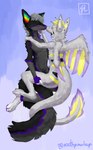 absurd_res anthro arthropod back_markings bee bumble_(bumblederg) canid canine canis cheek_markings dragon duo ear_markings ear_tuft entwined_tails eyes_closed facial_markings feet floating fluffy fluffy_tail fruit_(fruit-wolf) fur furred_dragon furred_scalie grey_body grey_fur hand_on_face hand_on_shoulder head_markings hi_res highlights_(coloring) holding_leg holding_thigh hybrid hymenopteran insect kissing looking_pleasured male male/male mammal markings mythological_creature mythological_scalie mythology purple_hands purple_highlights purple_paws scalie southpawloup spread_wings tail tail_coil tuft white_feet white_fingers wings wolf yellow_body yellow_fur