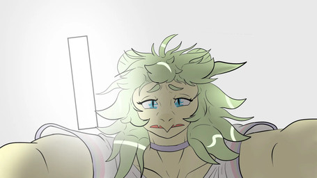 anthro biped blue_eyes choker clothed clothed_anthro clothed_female clothing female first_person_view front_view green_body green_hair hair hair_bun jewelry long_hair looking_at_viewer looking_down low-angle_view narrowed_eyes necklace open_mouth sad shirt solo topwear twin_buns white_clothing white_shirt white_topwear worm's-eye_view worried fuegosonic93 goodbye_volcano_high ko_op_(game_developer) stella_(gvh_beta) dinosaur ornithischian prehistoric_species reptile scalie stegosaurian stegosaurus thyreophoran 16:9 colored hi_res widescreen